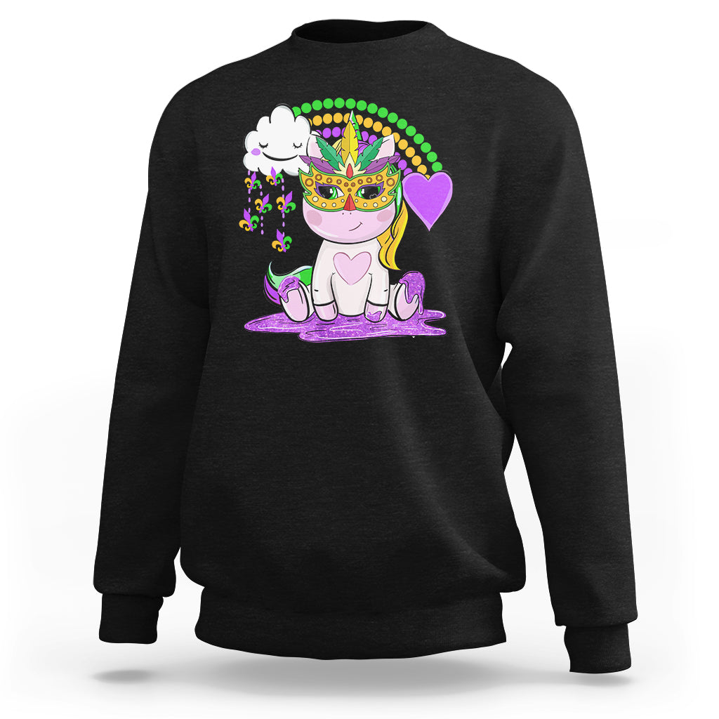 Black crewneck sweatshirt with colorful unicorn and rainbow beads graphic