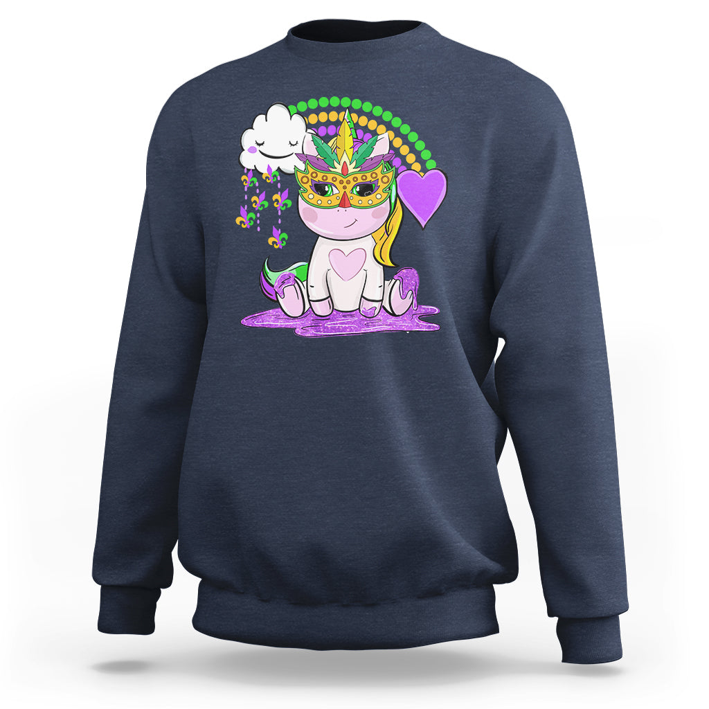 Navy crewneck sweatshirt with colorful unicorn and rainbow beads graphic