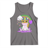Dark gray unicorn graphic tank top with Mardi Gras beads and rainbow fleur-de-lis