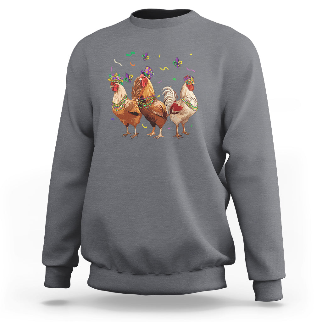 Charcoal crewneck sweatshirt with colorful rooster and hen graphic with beads and confetti
