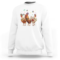 White crewneck sweatshirt with colorful rooster and hen graphic with beads and confetti