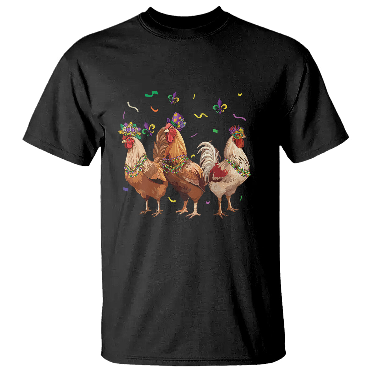 Mardi Gras Funny Farmer Jester Chicken Beads T Shirt - Wonder Print Shop