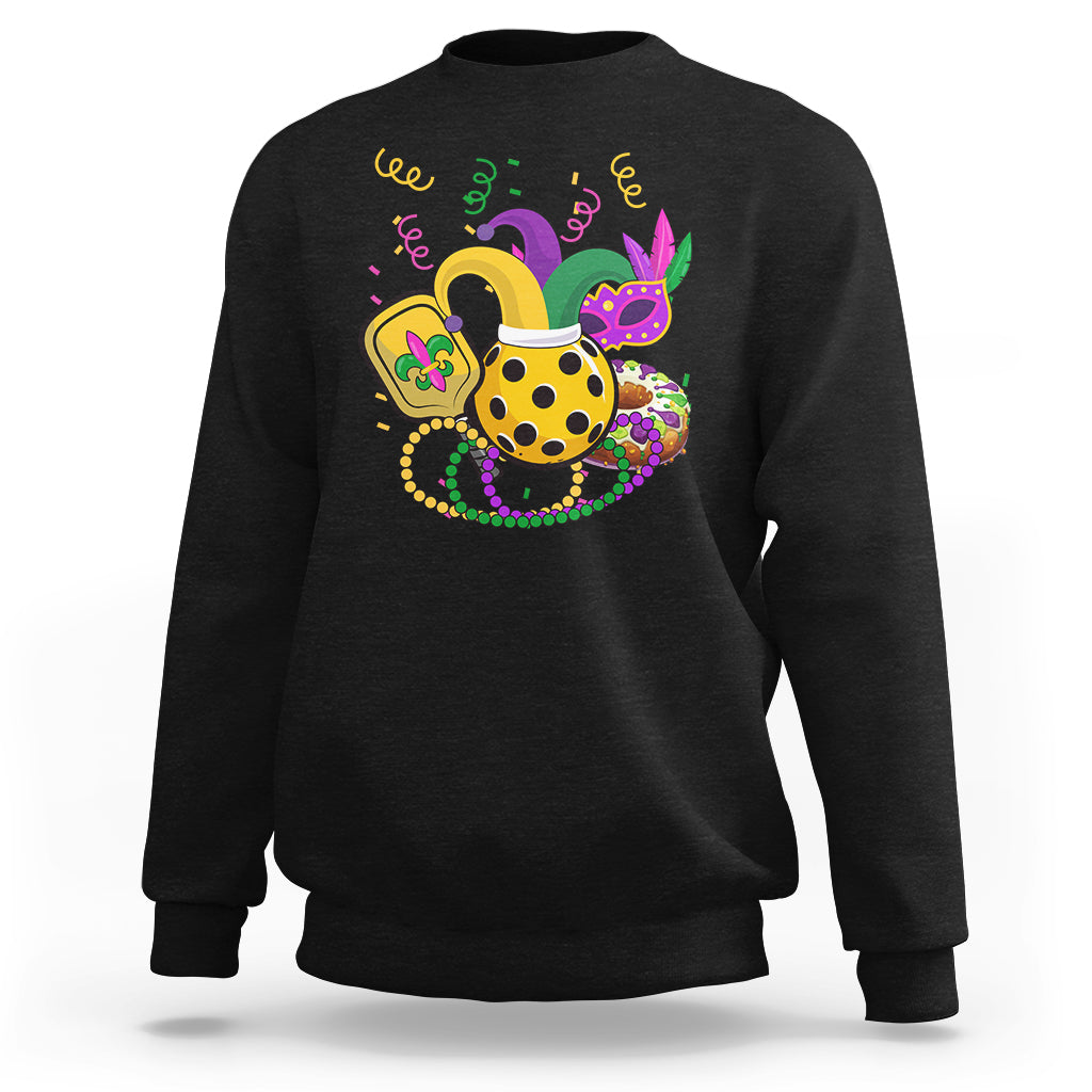 Black sweatshirt with colorful Mardi Gras jester-style pickleball graphic on chest