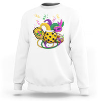White sweatshirt with colorful Mardi Gras jester-style pickleball graphic on chest