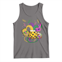 Gray pickleball jester beads tank top with colorful carnival hat and ball graphic