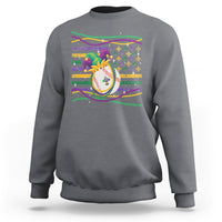 Charcoal gray crewneck sweatshirt with colorful jester hat Mardi Gras graphic on chest