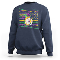 Navy crewneck sweatshirt with colorful jester hat Mardi Gras graphic on chest