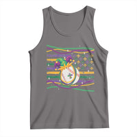 Gray sleeveless tank top with colorful jester face Mardi Gras graphic
