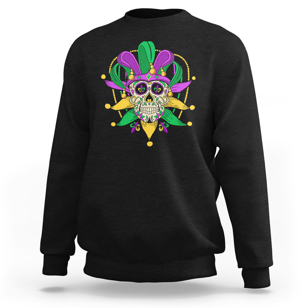 Black crewneck sweatshirt with colorful sugar skull Mardi Gras graphic on front