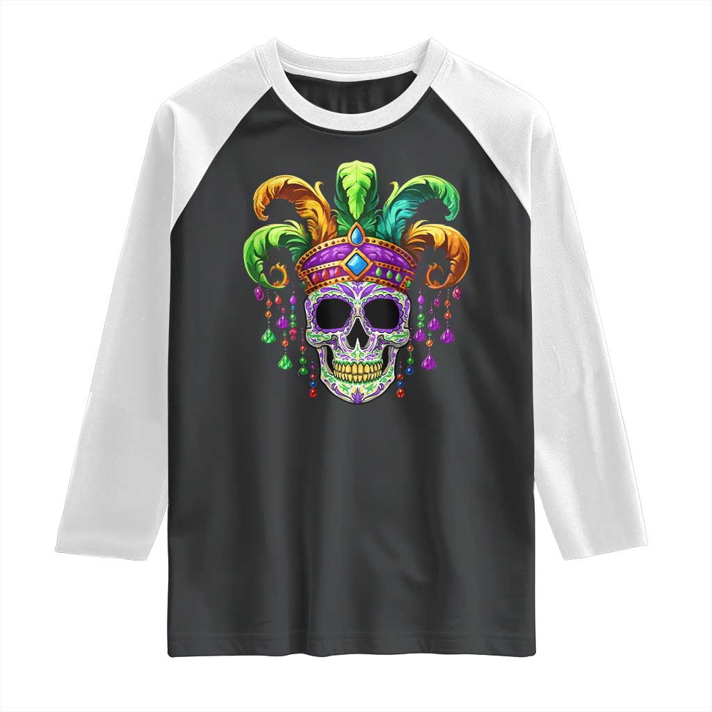 Mardi Gras Beads Sugar Skull Fat Tuesday New Orleans Raglan Shirt