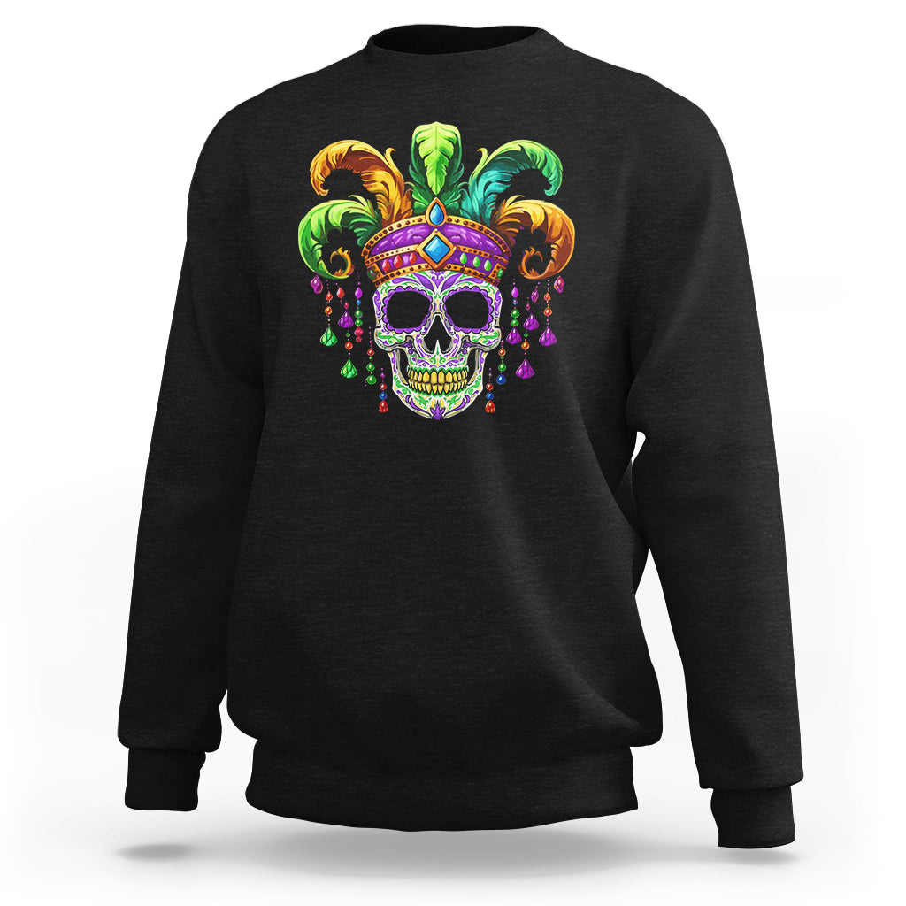 Black crewneck sweatshirt with colorful Mardi Gras sugar skull graphic