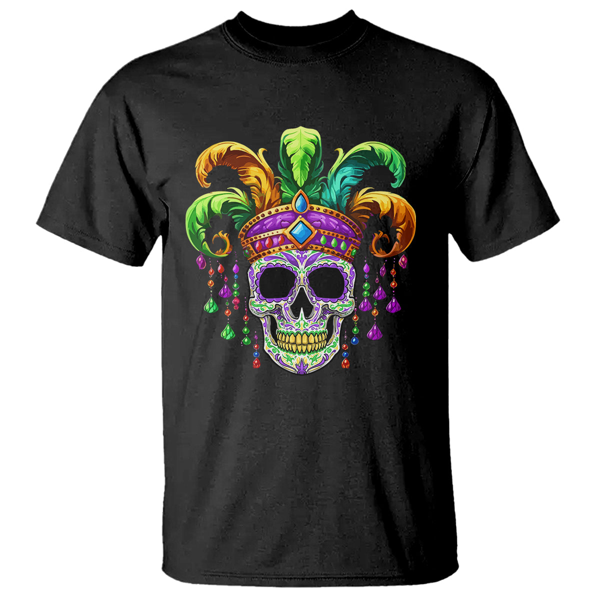 Mardi Gras Beads Sugar Skull Fat Tuesday New Orleans T Shirt - Wonder Print Shop