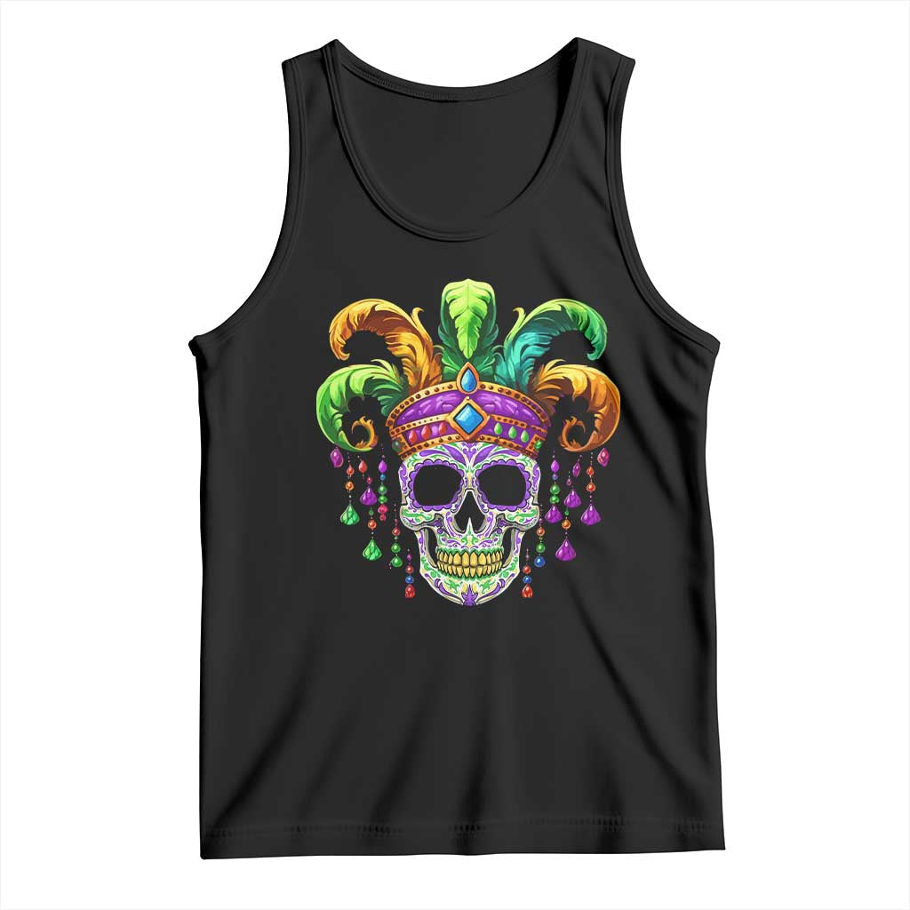 Black sugar skull Mardi Gras tank top with colorful beads and feathered headpiece