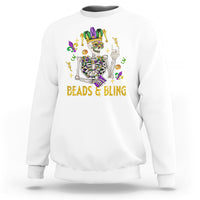 White crewneck sweatshirt with skeleton “Beads & Bling” graphic