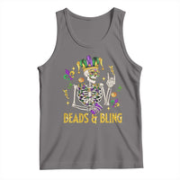 Dark gray Mardi Gras skeleton beads & bling graphic tank top, scoop neck