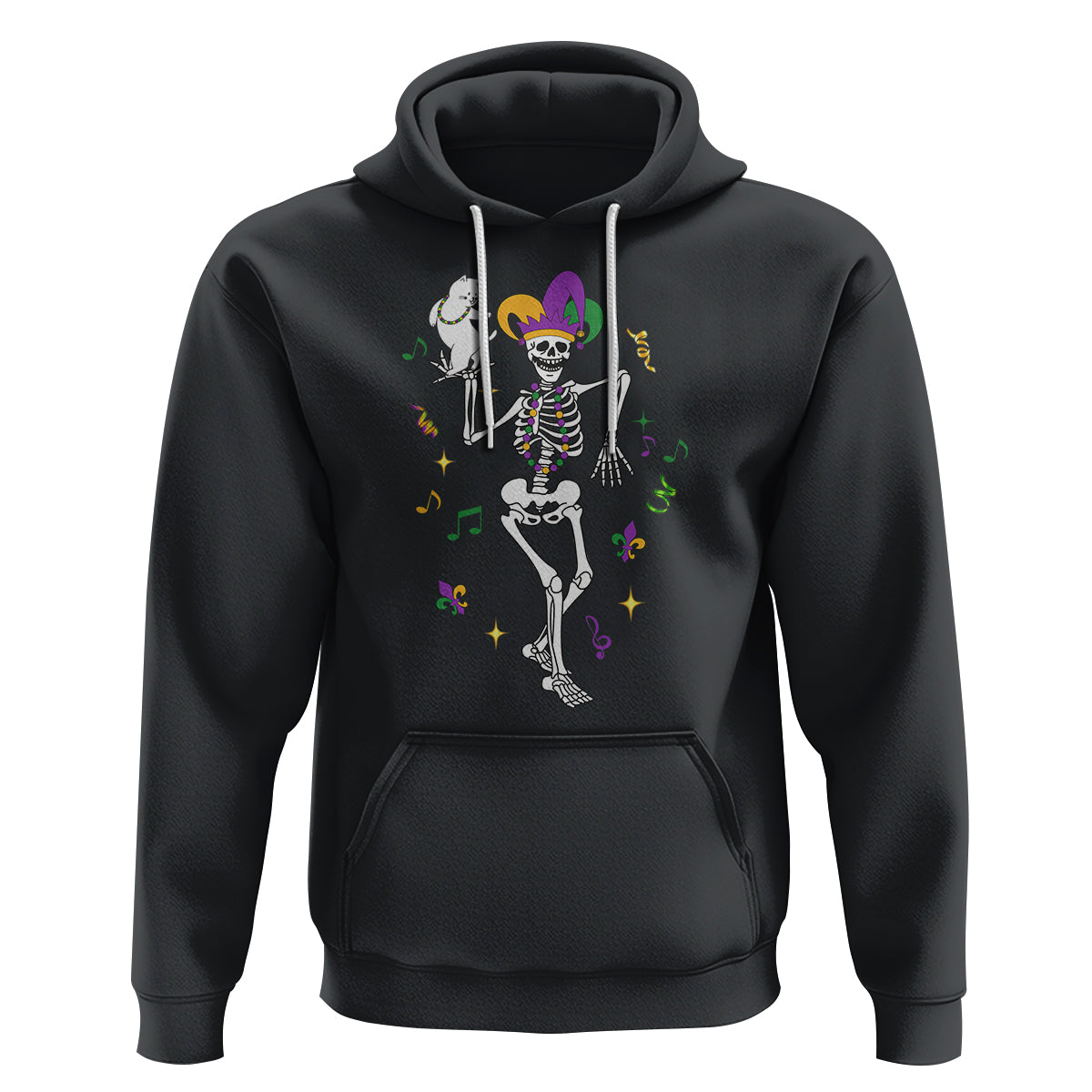 Mardi Gras Funny Jester Skeleton Dancing With Cat Hoodie - Wonder Print Shop