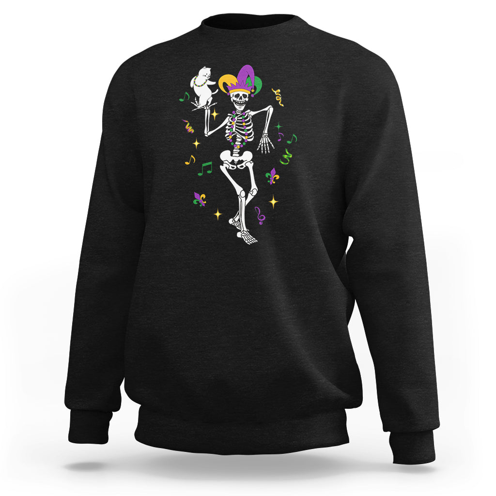 Black sweatshirt with skeleton jester dancing with cat graphic on chest