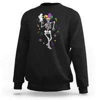 Black sweatshirt with skeleton jester dancing with cat graphic on chest