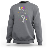 Charcoal gray sweatshirt with skeleton jester dancing with cat graphic on front