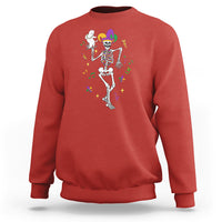 Red sweatshirt with skeleton jester dancing with cat graphic on front