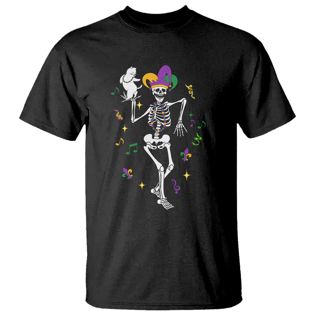 Mardi Gras Funny Jester Skeleton Dancing With Cat T Shirt - Wonder Print Shop