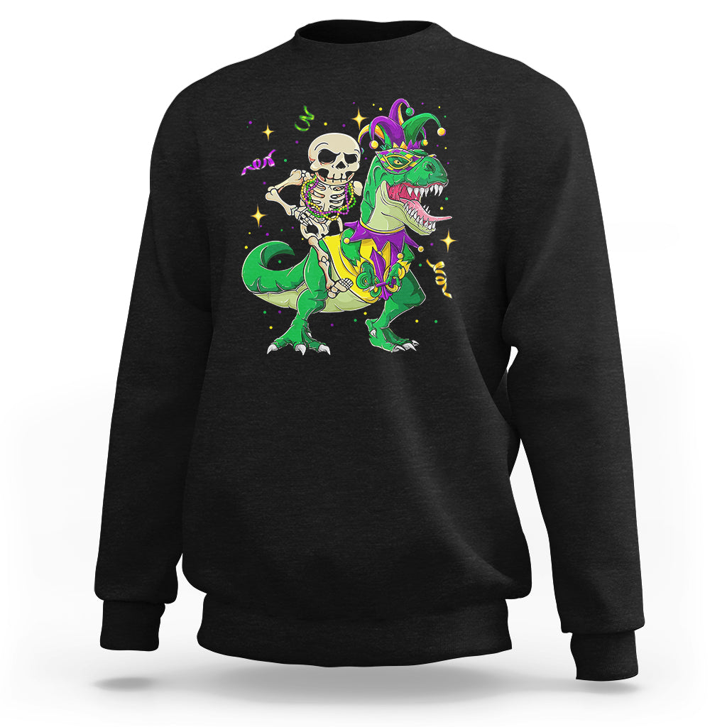 Black sweatshirt with colorful skeleton riding a green dinosaur jester graphic