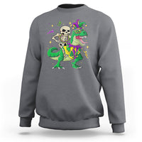 Charcoal gray sweatshirt with colorful skeleton riding a green dinosaur jester graphic