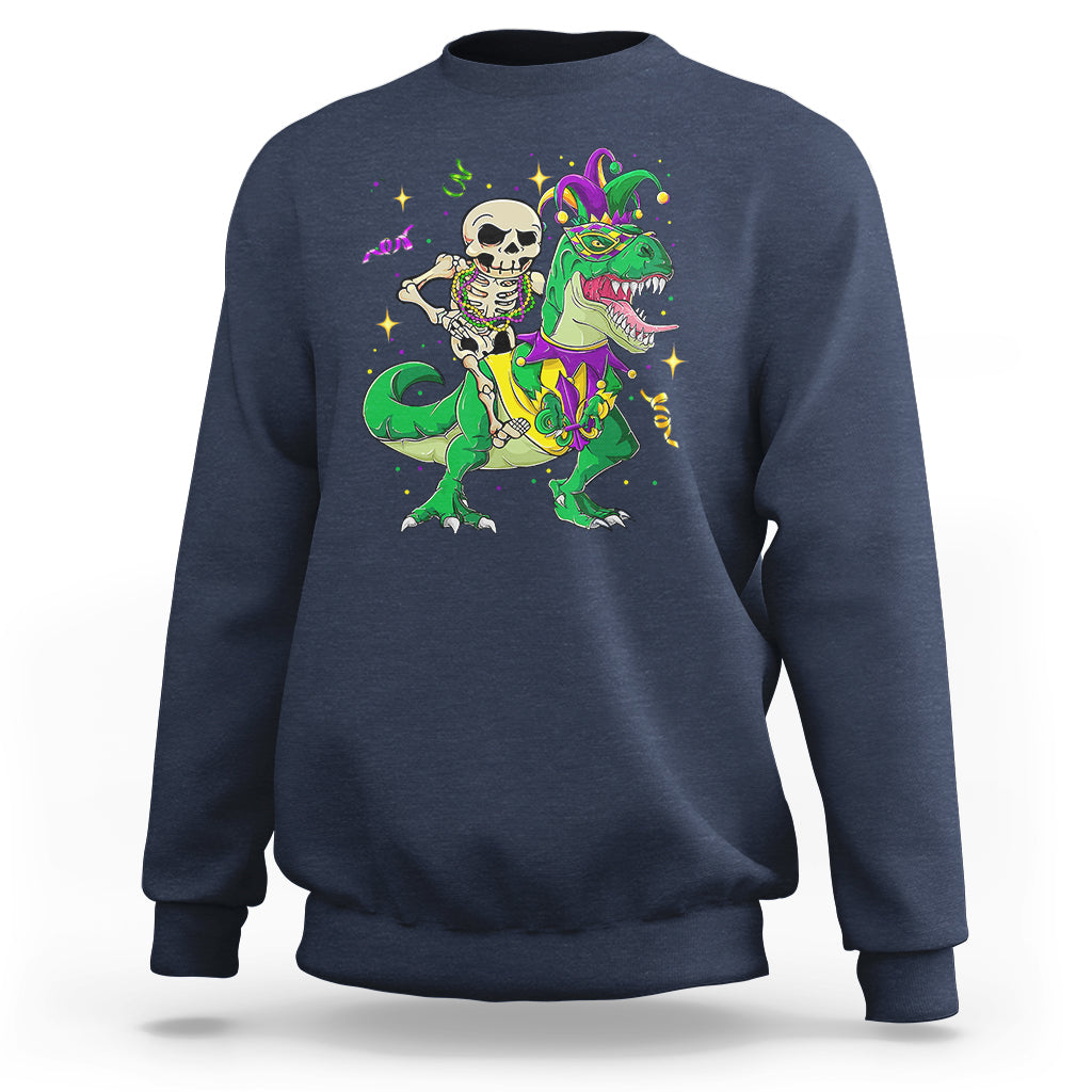 Navy sweatshirt with colorful skeleton riding a green dinosaur jester graphic