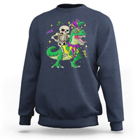 Navy sweatshirt with colorful skeleton riding a green dinosaur jester graphic