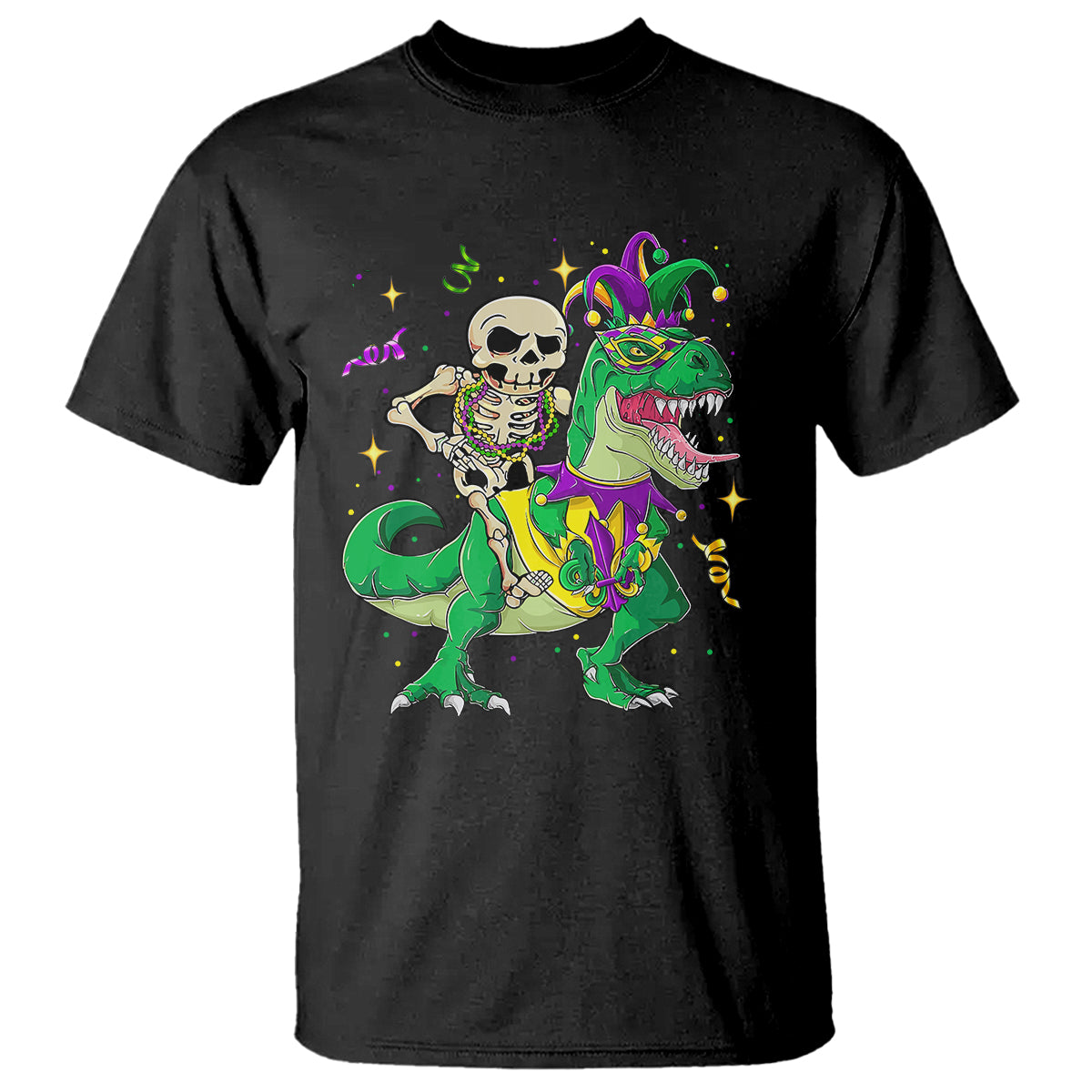 Mardi Gras Funny Skeleton On Dinosaur Jester Beads T Shirt - Wonder Print Shop