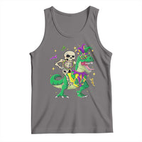 Kids grey tank top with skeleton riding colorful dinosaur jester graphic