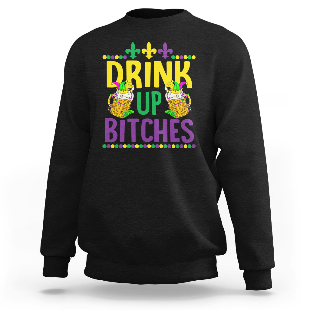 Black crewneck sweatshirt with 'DRINK UP BITCHES' colorful Mardi Gras print