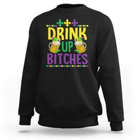 Black crewneck sweatshirt with 'DRINK UP BITCHES' colorful Mardi Gras print