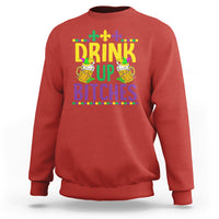 Red crewneck sweatshirt with 'DRINK UP BITCHES' colorful Mardi Gras print