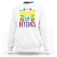 White crewneck sweatshirt with 'DRINK UP BITCHES' colorful Mardi Gras print