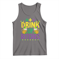 Gray tank top with Mardi Gras Drink Up Bitches colorful graphic front print