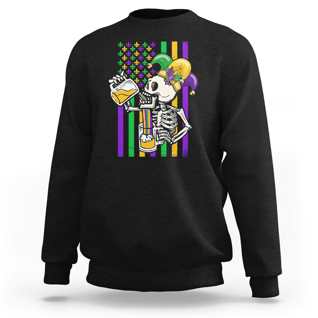 Black sweatshirt with colorful Mardi Gras skeleton beer graphic on front