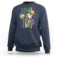 Navy sweatshirt with colorful Mardi Gras skeleton beer graphic on front