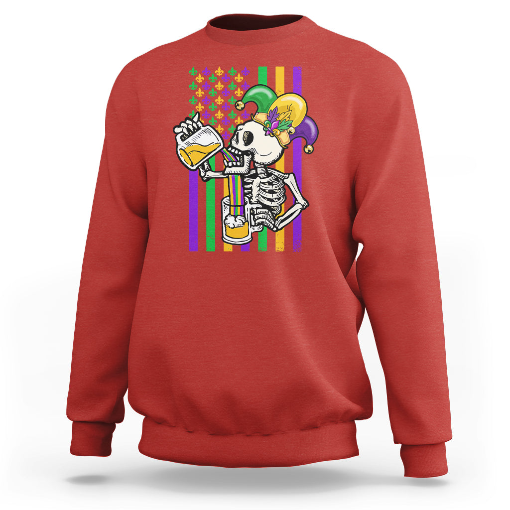 Red sweatshirt with colorful Mardi Gras skeleton beer graphic on front
