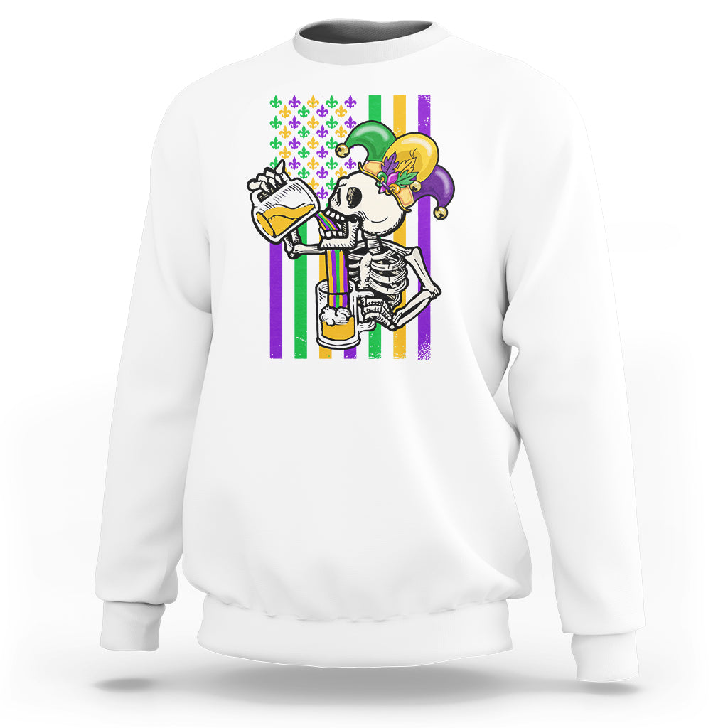 White sweatshirt with colorful Mardi Gras skeleton beer graphic on front