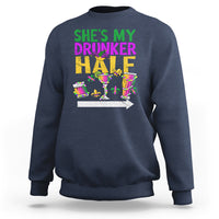 Navy crewneck sweatshirt with “She’s My Drunker Half” Mardi Gras graphic on front.