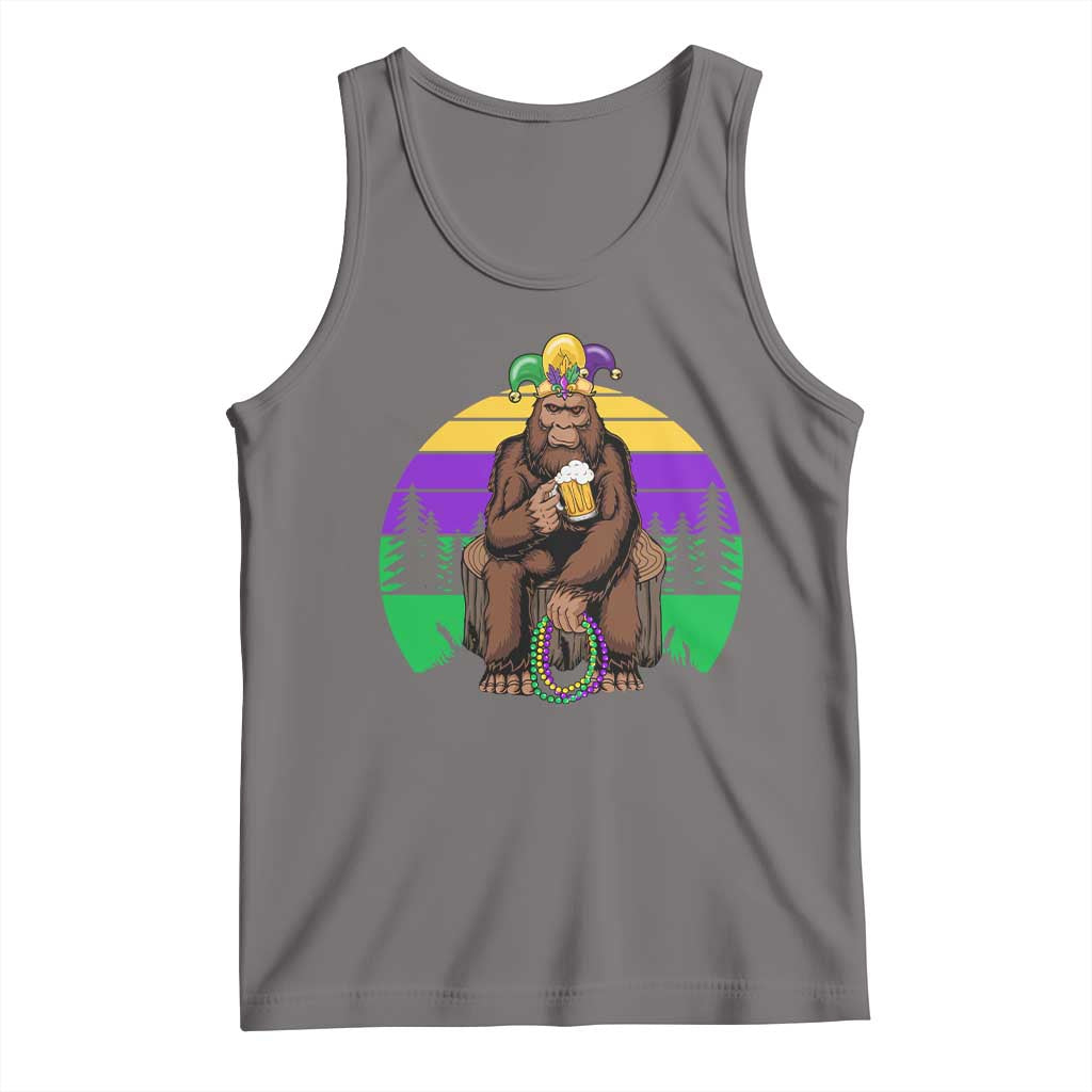 Gray sleeveless tank top with Bigfoot holding beer and Mardi Gras graphic