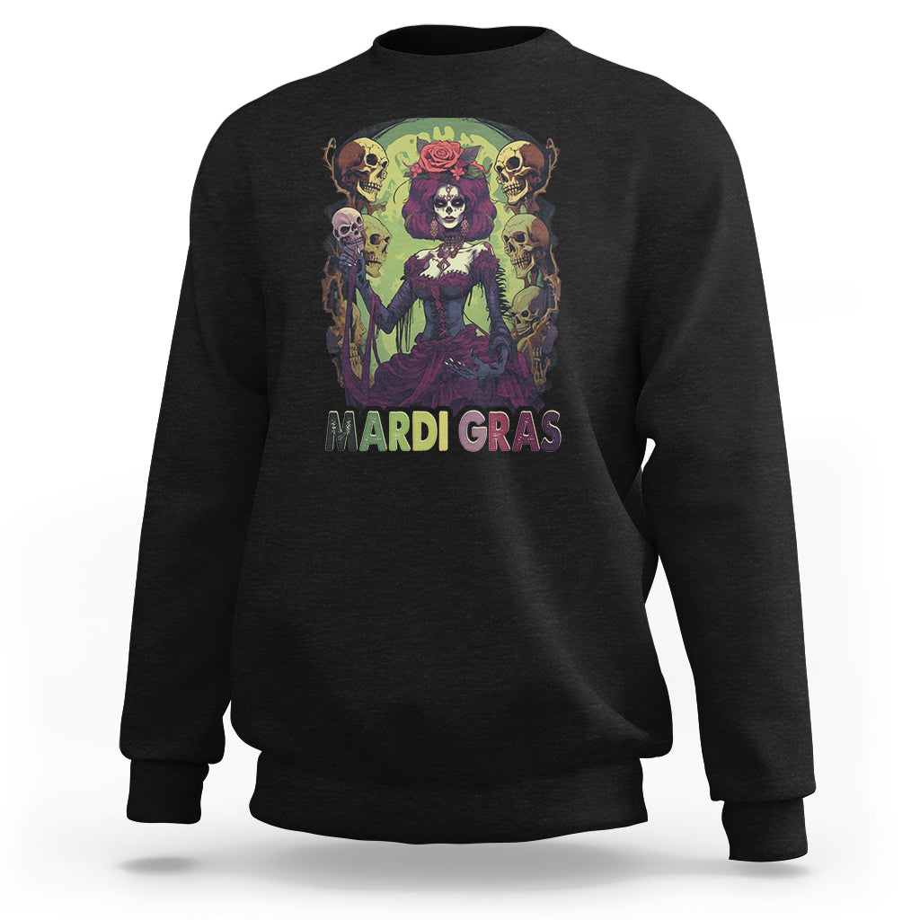 Black Mardi Gras sweatshirt with colorful witch skull graphic on front, crew neck.
