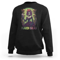 Black Mardi Gras sweatshirt with colorful witch skull graphic on front, crew neck.