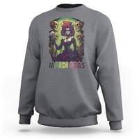 Charcoal gray Mardi Gras sweatshirt with colorful witch skull graphic on front, crew neck.