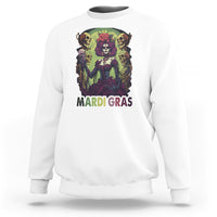 White Mardi Gras sweatshirt with colorful witch skull graphic on front, crew neck.