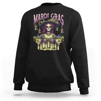 Black crewneck sweatshirt with colorful Mardi Gras voodoo queen skull doll graphic
