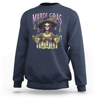 Navy crewneck sweatshirt with colorful Mardi Gras voodoo queen skull doll graphic