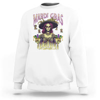 White crewneck sweatshirt with colorful Mardi Gras voodoo queen skull doll graphic