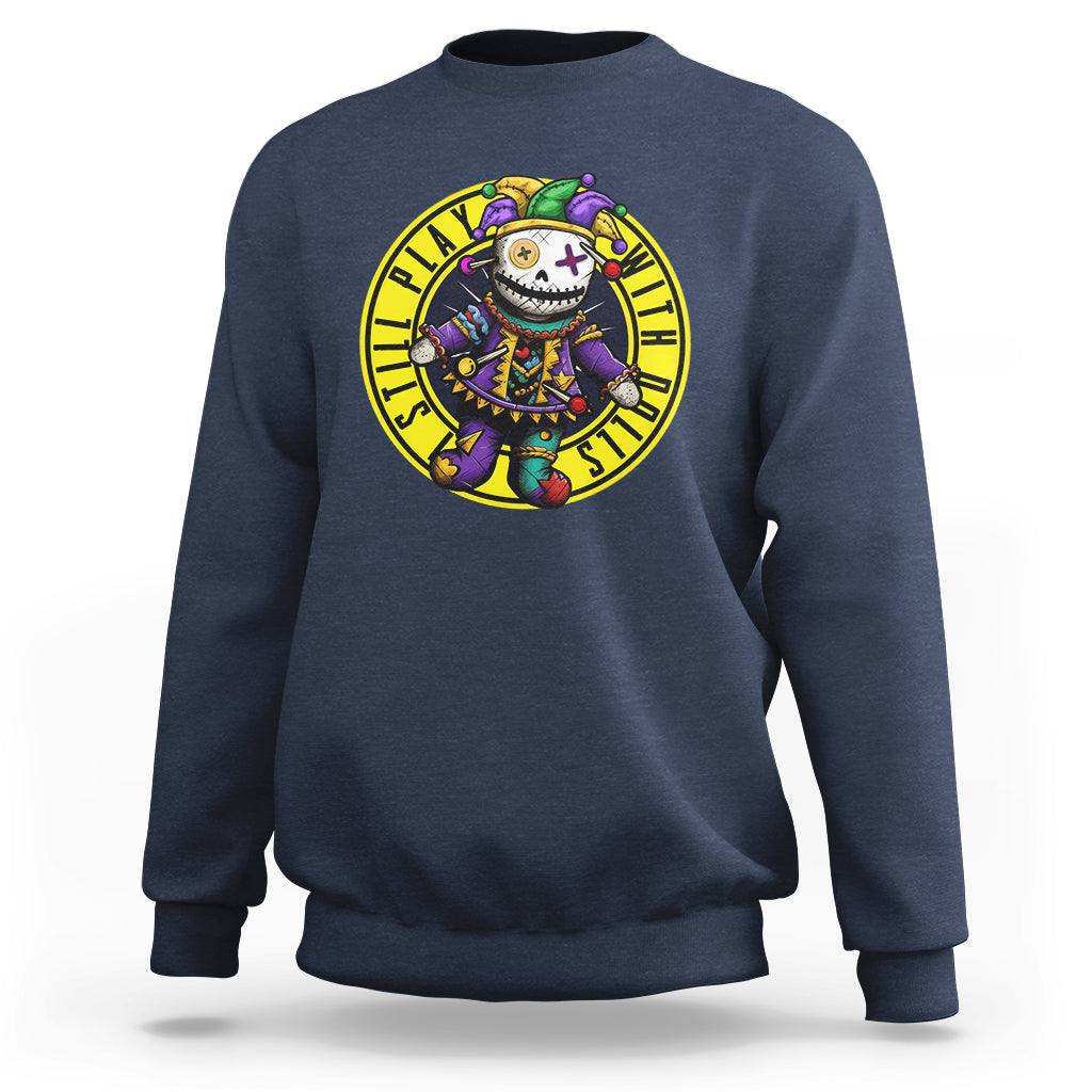 Navy voodoo doll Mardi Gras sweatshirt, crewneck with colorful circular front graphic